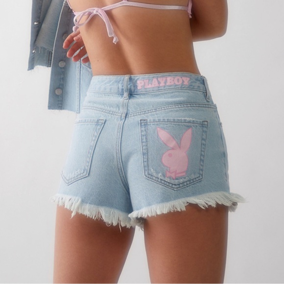 PLAYBOY Pants - Playboy By PacSun Pink Bunny High Waisted Festival Denim Shorts